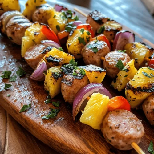 When it comes to summer grilling and delightful family gatherings, the Zesty Chicken Sausage Skewers with Pineapple is a standout dish that captures the essence of warm weather dining. Imagine succulent pieces of flavorful chicken sausage paired with sweet, juicy pineapple, vibrant bell peppers, and zesty red onions, all beautifully threaded onto skewers and grilled to perfection. This dish not only tantalizes the taste buds but also offers a feast for the eyes with its colorful presentation.