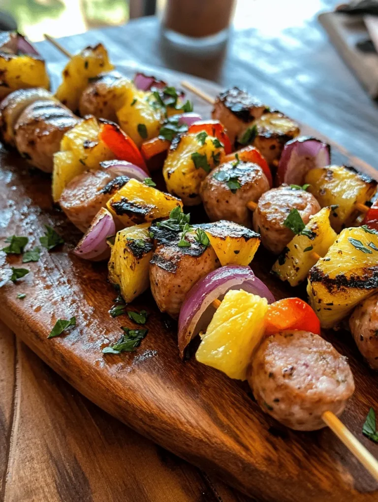 When it comes to summer grilling and delightful family gatherings, the Zesty Chicken Sausage Skewers with Pineapple is a standout dish that captures the essence of warm weather dining. Imagine succulent pieces of flavorful chicken sausage paired with sweet, juicy pineapple, vibrant bell peppers, and zesty red onions, all beautifully threaded onto skewers and grilled to perfection. This dish not only tantalizes the taste buds but also offers a feast for the eyes with its colorful presentation.