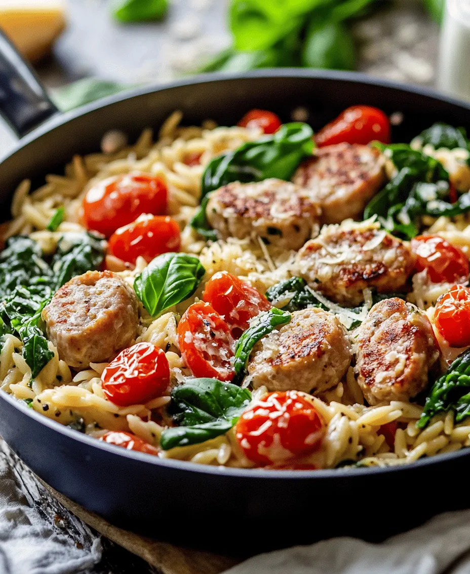 One of the standout components of this recipe is <strong>chicken sausage</strong>. Unlike traditional pork sausage, chicken sausage offers a lighter flavor profile while still packing a punch with spices and seasonings. This meat option is not only flavorful but also brings several health benefits to the table. It’s generally lower in calories and fat than its pork counterpart, making it a healthier choice without sacrificing taste. Additionally, chicken sausage is versatile: it can be found in a variety of flavors, from spicy to sweet, allowing you to customize the dish to your liking.” /></p>
</p>
<p><strong>Cooking Process</strong></p>
</p>
<p>To create a delightful Creamy Chicken Sausage Orzo Skillet, it’s essential to follow a detailed cooking process that not only ensures a delicious outcome but also layers flavors effectively. Begin by prepping all your ingredients. This will streamline the cooking process and help maintain focus while you’re cooking.</p>
</p>
<p>1. <strong>Sauté the Aromatics</strong>: Start by heating a tablespoon of olive oil in a large skillet over medium heat. Once the oil is shimmering, add the diced onion and minced garlic. Sauté for about 2-3 minutes until they become fragrant and the onion is translucent. This step is crucial as it builds the foundational flavor of your dish.</p>
</p>
<p>2. <strong>Cook the Chicken Sausage</strong>: Next, add the sliced chicken sausage to the skillet. Cook for approximately 5-7 minutes, stirring occasionally, until the sausage is browned. This browning not only adds a depth of flavor but also contributes to the overall appeal of the dish.</p>
</p>
<p>3. <strong>Add the Orzo</strong>: After the sausage is cooked through, stir in the uncooked orzo. Toasting the orzo for about 1-2 minutes in the skillet will enhance its nutty flavor.</p>
</p>
<p>4. <strong>Incorporate the Liquid</strong>: Pour in 4 cups of chicken broth and season with salt, pepper, and your chosen herbs (thyme or Italian seasoning work wonderfully). Bring the mixture to a gentle boil, then reduce the heat to low and cover the skillet. Let it simmer for about 10-12 minutes, or until the orzo is tender and has absorbed most of the liquid.</p>
</p>
<p>5. <strong>Stir in the Cream and Cheese</strong>: Once the orzo is cooked, remove the skillet from heat and stir in 1 cup of heavy cream and ½ cup of grated Parmesan cheese. This step creates a creamy texture that is incredibly satisfying. Make sure to mix well, allowing the cheese to melt and incorporate fully into the dish.</p>
</p>
<p>6. <strong>Finish with Fresh Spinach</strong>: Finally, fold in 2 cups of fresh spinach. The residual heat will wilt the spinach beautifully without overcooking it, maintaining its vibrant color and nutritional benefits.</p>
</p>
<p>7. <strong>Adjust Seasoning</strong>: Taste your skillet dish and adjust the seasoning as necessary. A pinch more salt, a dash of pepper, or even a squeeze of lemon juice can elevate the flavors further.</p>
</p>
<p><strong>Incorporating Ingredients</strong></p>
</p>
<p>Layering flavors is key in this recipe. Each ingredient plays a role in creating a harmonious dish. The onions and garlic form a savory base, while the chicken sausage adds protein and a smoky flavor. The orzo acts as a comforting, starchy component that absorbs the broth, infusing it with flavors. The heavy cream and cheese provide richness, while the spinach adds freshness and nutrition.</p>
</p>
<p>For a touch of brightness, consider adding fresh herbs like parsley or basil just before serving. This not only enhances the flavor but also adds a beautiful visual contrast to the creamy dish.</p>
</p>
<h3>Nutritional Information</h3>
</p>
<p>Understanding the nutritional benefits of each component in your Creamy Chicken Sausage Orzo Skillet can help you appreciate this meal even more. Here’s a breakdown of the main ingredients:</p>
</p>
<p>– <strong>Chicken Sausage</strong>: Offers a good source of protein while being lower in fat than traditional sausage.</p>
<p>– <strong>Orzo</strong>: A type of pasta that provides carbohydrates for energy, making it a filling base for the dish.</p>
<p>– <strong>Heavy Cream</strong>: Adds creaminess and a rich flavor, but it should be consumed in moderation due to its fat content.</p>
<p>– <strong>Spinach</strong>: Packed with vitamins A, C, and K, as well as iron and fiber, spinach is a nutritional powerhouse.</p>
<p>– <strong>Parmesan Cheese</strong>: Rich in calcium and protein, it adds flavor but should be used sparingly due to its sodium content.</p>
</p>
<p><strong>Serving Size and Nutritional Breakdown</strong>: This recipe yields approximately 6 servings. Each serving provides an estimated nutritional breakdown as follows:</p>
</p>
<p>– Calories: 450</p>
<p>– Protein: 22g</p>
<p>– Carbohydrates: 50g</p>
<p>– Fats: 20g</p>
<p>– Fiber: 3g</p>
</p>
<p><strong>Dietary Considerations</strong>: For those with dietary restrictions, there are several adaptations you can make:</p>
</p>
<p>– <strong>Gluten-Free Options</strong>: Substitute regular orzo with gluten-free orzo made from rice, quinoa, or other gluten-free grains.</p>
<p>– <strong>Vegetarian Adaptations</strong>: Replace chicken sausage with plant-based sausage or sautéed mushrooms for a hearty vegetarian version. You can also add extra vegetables like bell peppers or zucchini.</p>
<p>– <strong>Substitutions</strong>: If you’re looking to reduce calories, consider using half-and-half instead of heavy cream, or a lower-fat cheese option.</p>
</p>
<h3>Pairing Suggestions</h3>
</p>
<p>To elevate your dining experience with the Creamy Chicken Sausage Orzo Skillet, consider pairing it with complementary side dishes and beverages.</p>
</p>
<p><strong>Recommended Side Dishes</strong>:</p>
<p>– <strong>Garlic Bread</strong>: A classic choice that allows you to soak up the creamy sauce.</p>
<p>– <strong>Mixed Green Salad</strong>: A simple salad with a light vinaigrette can balance the richness of the dish and add freshness.</p>
<p>– <strong>Roasted Vegetables</strong>: Seasonal roasted vegetables such as asparagus, carrots, or zucchini can add color and nutrients to your meal.</p>
</p>
<p><strong>Beverage Pairings</strong>:</p>
<p>– <strong>White Wine</strong>: A chilled Sauvignon Blanc or Pinot Grigio would work beautifully with the flavors of the dish.</p>
<p>– <strong>Sparkling Water</strong>: For a non-alcoholic option, sparkling water with a slice of lemon or lime adds a refreshing touch.</p>
</p>
<h3>Storing and Reheating</h3>
</p>
<p>To enjoy your Creamy Chicken Sausage Orzo Skillet later, proper storage and reheating are essential to maintain its flavors and texture.</p>
</p>
<p><strong>Storing Leftovers</strong>: Allow the dish to cool completely before transferring it to an airtight container. It can be stored in the refrigerator for up to 3 days. For longer storage, consider freezing the dish in a freezer-safe container where it can last for up to 2 months.</p>
</p>
<p><strong>Reheating Tips</strong>: When ready to enjoy your leftovers, reheat the dish gently on the stove over low heat. Add a splash of chicken broth or water to loosen the sauce and prevent it from drying out. Stir frequently until heated through. If reheating from frozen, thaw overnight in the refrigerator before reheating.</p>
</p>
<h3>Conclusion</h3>
</p>
<p>The Creamy Chicken Sausage Orzo Skillet is an irresistible dish that combines comforting flavors with nutritional benefits, making it a perfect choice for a quick weeknight meal or a cozy gathering. Its versatility allows for various adaptations to suit personal tastes and dietary needs, whether you’re looking for gluten-free options or vegetarian substitutes.</p>
</p>
<p>This dish not only satisfies with its creamy texture and savory components but also offers a delightful cooking experience as you layer flavors and aromas in one skillet. We encourage you to try this recipe and enjoy the satisfaction it brings, whether served as a family dinner or a quick meal for one. Customize it to your heart’s content, and discover how this dish can become a staple in your culinary repertoire.</p>
<div id=