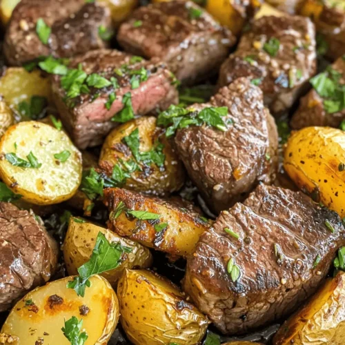 If you’re seeking a meal that is both quick to prepare and deeply satisfying, look no further than the Sizzling Garlic Butter Steak and Potatoes Skillet. This dish brilliantly combines the rich flavors of tender steak with crispy baby potatoes, all infused with aromatic garlic butter. It’s the perfect choice for family dinners, gatherings with friends, or even a cozy weeknight meal. Not only does this recipe deliver on taste, but it also brings a beautiful presentation to the table, making it a feast for both the eyes and the palate.