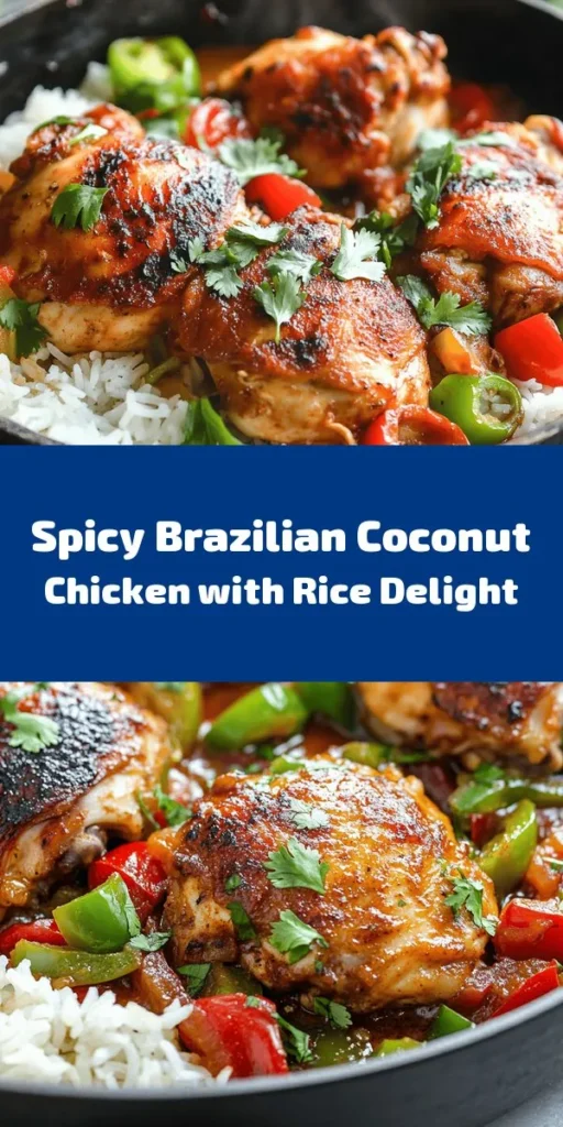 Discover the vibrant flavors of Brazil with this Spicy Brazilian Coconut Chicken recipe! This dish features marinated chicken thighs cooked in creamy coconut milk, combined with aromatic red curry paste, garlic, and ginger. With sautéed bell peppers and a touch of lime juice and brown sugar, it’s the perfect blend of spice and sweetness. Serve it over fluffy rice and garnish with fresh cilantro for a delightful meal that will impress your family and friends!