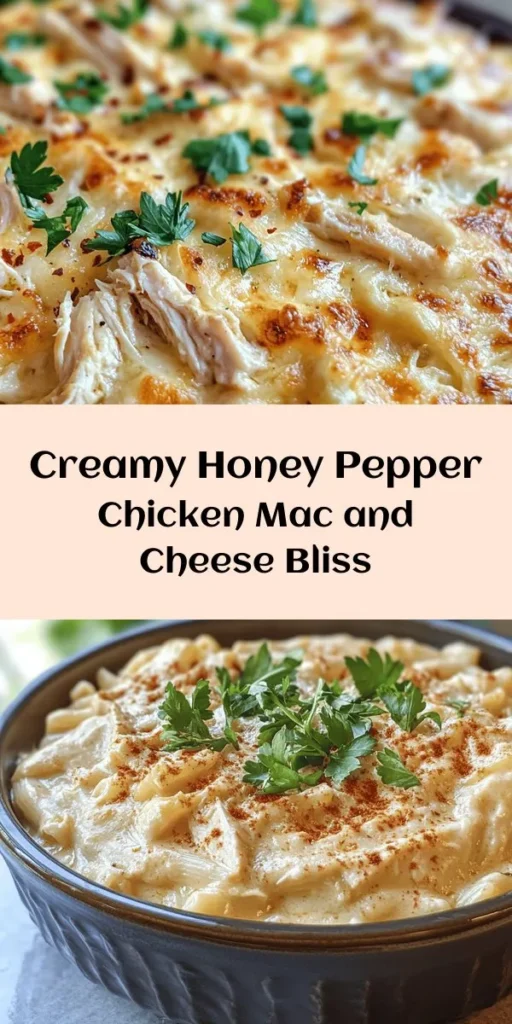 Indulge in this Creamy Honey Pepper Chicken Mac and Cheese Delight! This comforting recipe combines al dente elbow macaroni with tender chicken, a luscious cheese sauce, and a hint of sweetness from honey, balanced perfectly with a kick of spice. Perfect for weeknight dinners or family gatherings, it’s easy to make and serves up to 6. Elevate your mac and cheese game by baking it for a golden, crispy top. Don’t forget to garnish with fresh parsley for a pop of color!