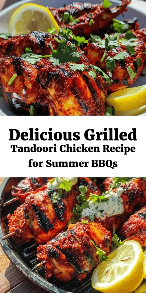 Get ready to tantalize your taste buds with this Grilled Tandoori Chicken! This juicy, flavorful dish begins with a yogurt-based marinade packed with spices like tandoori masala, cumin, and cayenne for a delicious kick. After marinating, grill the chicken to perfection for that smoky char. Serve it with fresh cilantro and lemon wedges for a burst of flavor. Perfect for your next BBQ or family dinner, it's sure to impress everyone at the table!