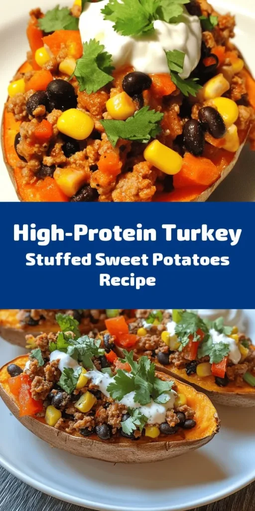 Discover the ultimate comfort food with this High Protein Ground Turkey Stuffed Sweet Potato recipe! It's packed with flavor and nutrition, making it perfect for a healthy dinner. Featuring tender sweet potatoes filled with a savory mix of ground turkey, colorful veggies, black beans, and topped with melted cheese, this dish is both satisfying and easy to prepare. Garnish with fresh cilantro and enjoy a wholesome meal that’s sure to impress!