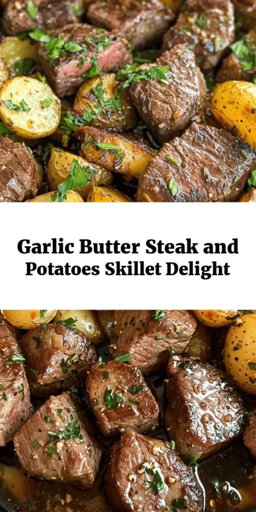 Indulge in this Sizzling Garlic Butter Steak and Potatoes Skillet! This quick and easy recipe features juicy sirloin steak cubes seared to perfection alongside crispy baby potatoes. Infused with minced garlic, fresh herbs, and rich butter, each bite is a flavor explosion. Perfect for a weeknight dinner, this savory dish is ready in just 30 minutes and serves four. Gather your ingredients and bring this delicious meal to your table tonight!