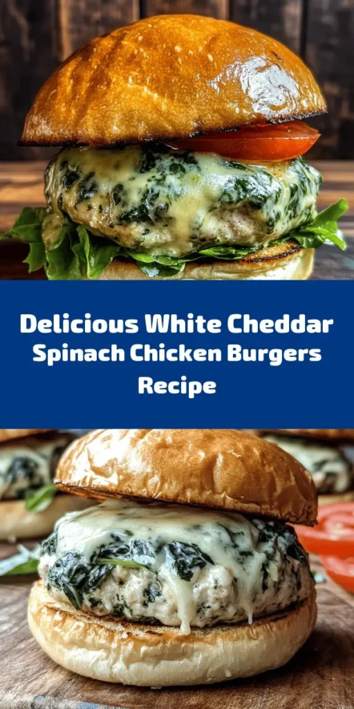 Try these delicious White Cheddar and Spinach Chicken Burgers for a healthy twist on a classic! Made with ground chicken, fresh spinach, and cheesy goodness, these burgers are super easy to whip up. Mix ground chicken with spinach, white cheddar, and spices, then grill to perfection. Serve on a bun with your favorite toppings like lettuce, tomato, and condiments. Perfect for a weeknight dinner or weekend BBQ! Enjoy this tasty and nutritious meal.