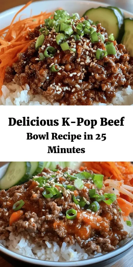 Spice up your dinner with this delicious K-Pop Beef Bowl! Made with tender ground beef, aromatic garlic, fresh ginger, and a kick of gochujang, this dish is bursting with flavor. Perfectly served over rice and topped with crunchy carrots, green onions, and a sprinkle of sesame seeds, it’s a quick 25-minute meal that your family will love. Add optional kimchi, cucumber slices, or a fried egg for extra deliciousness! Enjoy a taste of Korea at home!