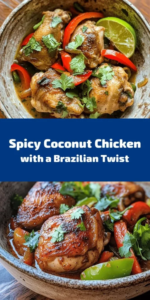 Discover the vibrant flavors of Brazil with this Spicy Brazilian Coconut Chicken! This dish features tender chicken thighs marinated in creamy coconut milk, aromatic spices, and fresh chilies for a delightful kick. Sauté colorful bell peppers and savory garlic to create a rich sauce that perfectly complements the chicken. Serve it with rice or crusty bread to soak up every bit of flavor. Perfect for a weeknight dinner or impressing guests!