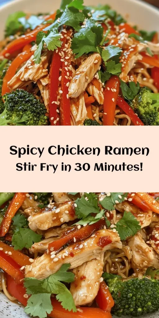 Savor the flavors of this spicy Chicken Ramen Stir Fry, a quick and delicious dish perfect for weeknight dinners! This recipe combines tender chicken, colorful veggies like bell peppers and broccoli, and perfectly cooked ramen noodles tossed in a zesty sauce of soy, oyster sauce, and sriracha. Ready in just 30 minutes, it’s a delightful mix of spicy and savory. Garnish with sesame seeds and fresh cilantro for an extra touch. Enjoy a bowl of comfort today!
