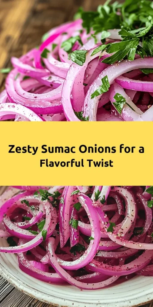 Elevate your meals with these Tangy Sumac Onions! Simple to make, this vibrant dish combines red onions marinated in a zesty blend of sumac, olive oil, apple cider vinegar, and lemon juice. Perfect as a topping for grilled meats, in sandwiches, or served as a colorful side. Let the flavors meld for at least 30 minutes, then garnish with fresh parsley for that extra touch. A delicious and healthy addition to any table! Enjoy this easy recipe that packs a flavorful punch!