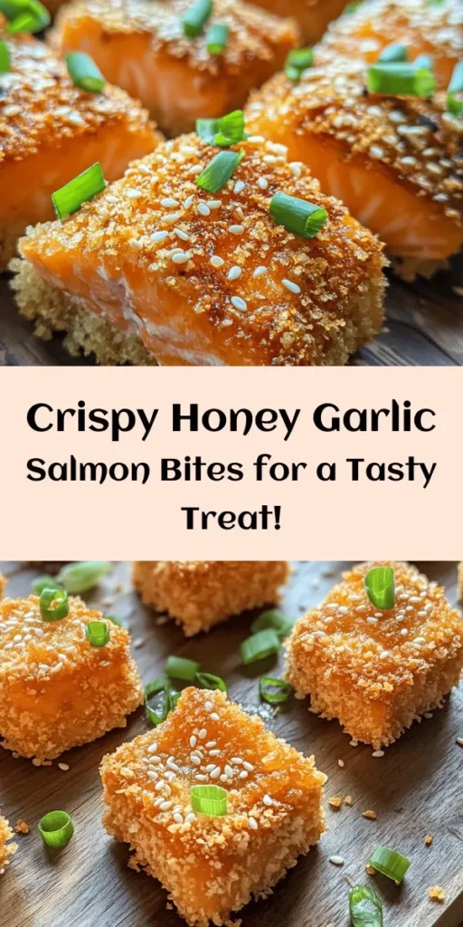 Indulge in these Crispy Honey Garlic Salmon Bites that are perfect for any meal or gathering! This easy recipe features tender salmon, coated in a delicious blend of flour and cornmeal for extra crunch. Fry until golden brown and toss in a mouthwatering honey garlic sauce made with fresh garlic and ginger. Serve with a sprinkle of sesame seeds and sliced green onions for that extra flair. Ready in just 25 minutes, these bites will be a hit at your next dinner!