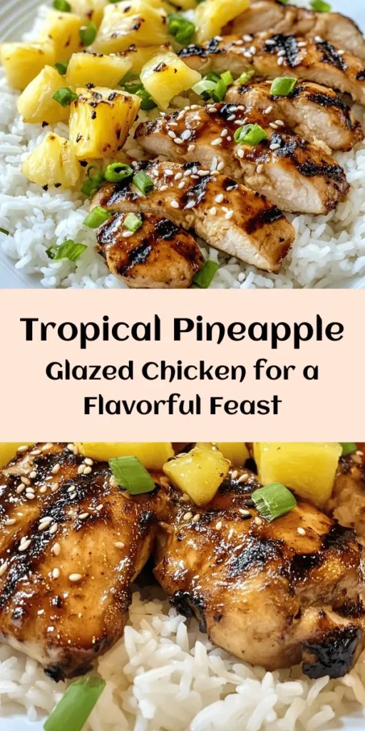 Indulge in a taste of the tropics with this Tropical Pineapple-Glazed Chicken recipe! Juicy chicken breasts are marinated in a sweet and savory blend of fresh pineapple juice, soy sauce, and ginger, then grilled to perfection. Topped with caramelized glaze, fresh pineapple chunks, and green onions, this dish is perfect over jasmine rice. Quick to prepare and bursting with flavor, it's a summer favorite that'll transport you to paradise with every bite!