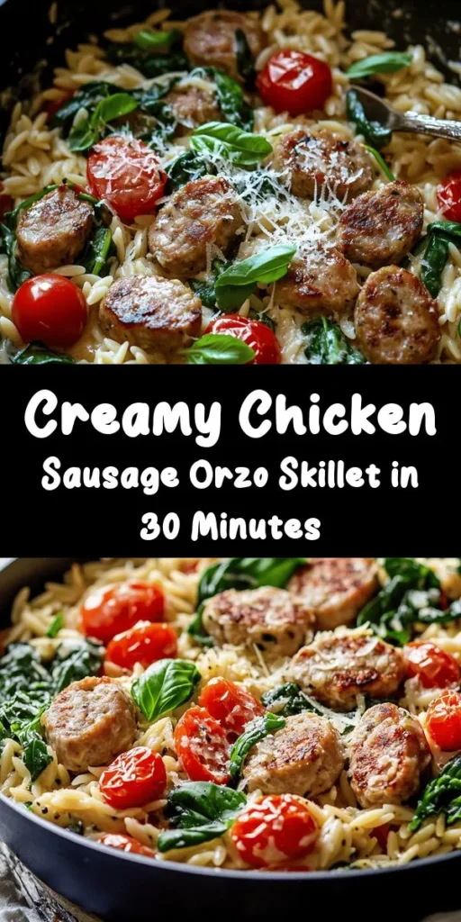 Indulge in this creamy chicken sausage orzo skillet that's perfect for a cozy dinner! In just 30 minutes, you can create a delicious one-pan meal loaded with flavor. Sautéed chicken sausage, tender orzo pasta, and fresh veggies come together in a rich cream sauce. With garlic, Italian seasoning, and a sprinkle of Parmesan, every bite is a treat. Ideal for busy weeknights, this dish is sure to become a family favorite!