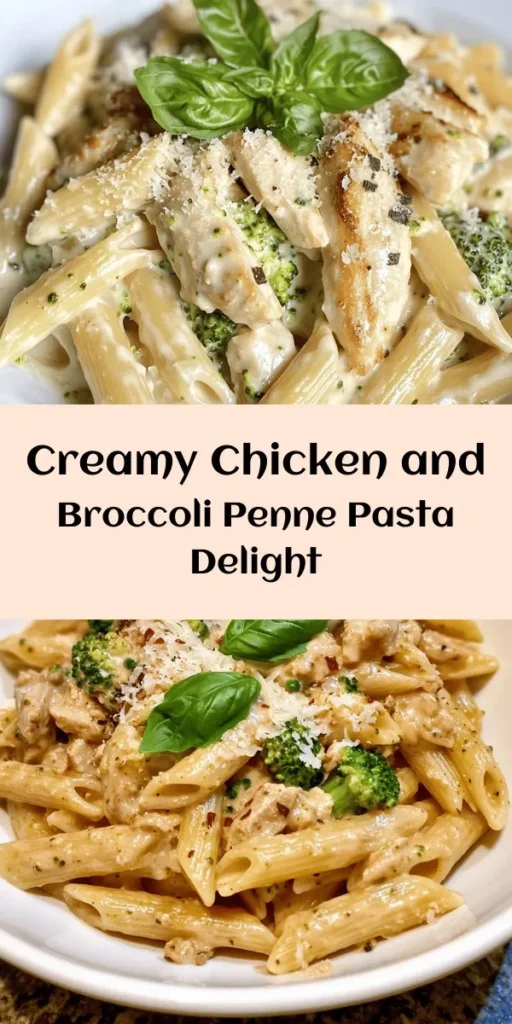 Discover the perfect comfort dish with this Creamy Broccoli and Chicken Penne recipe! Featuring tender penne pasta, perfectly sautéed chicken, and vibrant broccoli all coated in a rich and creamy Parmesan sauce, this meal is both delicious and easy to prepare. With just one skillet and 30 minutes, you can whip up a flavorful dinner that’s sure to please everyone at the table. Don't forget to garnish with fresh basil for a pop of color! Enjoy this delightful dish tonight!