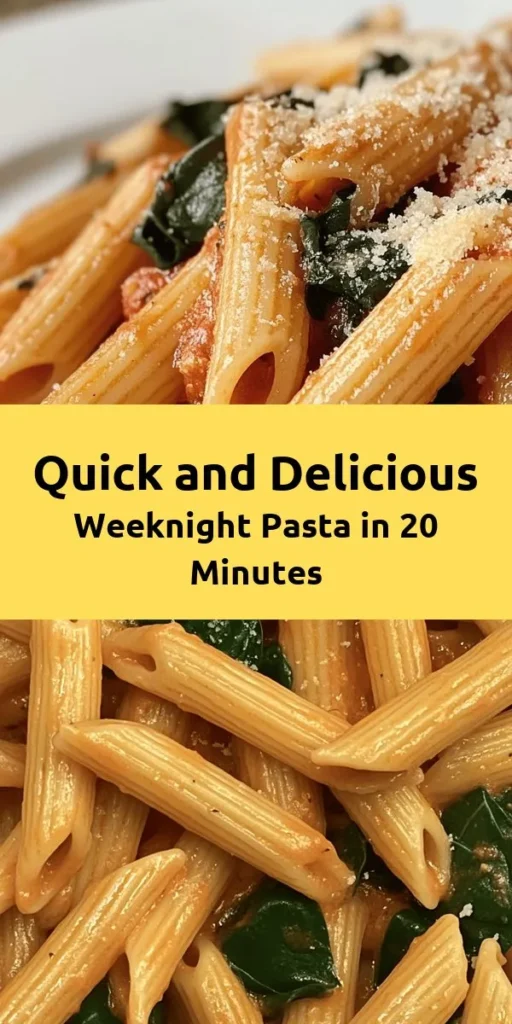 Whip up this Weeknight Wonder Pasta in just 20 minutes! Perfect for busy evenings, this dish combines penne pasta with rich diced tomatoes, fresh spinach, and aromatic garlic. Toss in some dried herbs for flavor, and top it off with grated Parmesan cheese for a delicious finish. It's a vibrant, hearty meal that serves four, making it ideal for family dinners. Quick, easy, and oh-so-tasty! Enjoy a satisfying dinner any night of the week!
