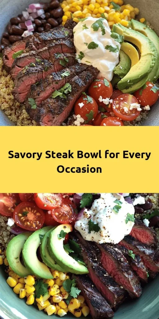 Elevate your meal with this Ultimate Steak Bowl! Perfect for any occasion, this recipe features marinated flank or sirloin steak grilled to perfection and served over a bed of quinoa or brown rice. Topped with fresh salsa made from cherry tomatoes, corn, black beans, and avocado, it’s a delightful blend of flavors. Add a dollop of sour cream, crumbled cheese, and a drizzle of hot sauce for a finishing touch. Quick, easy, and utterly delicious!
