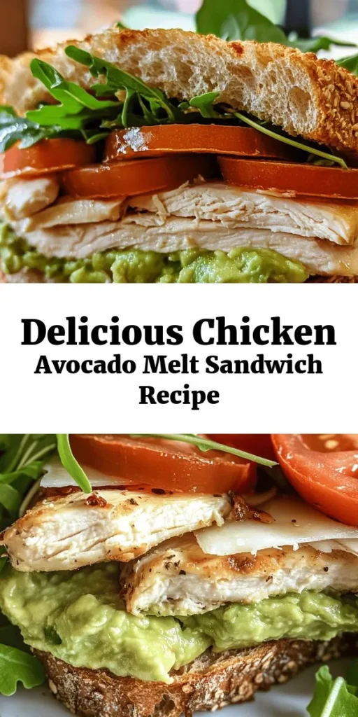Elevate your lunch game with this delicious Chicken Avocado Melt Sandwich! Juicy, seasoned chicken is paired with a creamy avocado spread, all nestled between crispy whole grain bread and melted mozzarella. This quick recipe takes only 30 minutes, making it perfect for a satisfying meal. Add fresh arugula or juicy tomato slices for extra flavor. Whether for a quick lunch or a light dinner, these sandwiches will quickly become a favorite!