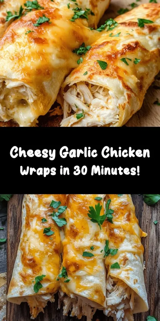 Indulge in these Cheesy Garlic Chicken Wraps that are perfect for a quick meal or snack! With shredded chicken, gooey mozzarella, and tangy cheddar, all wrapped in a warm tortilla, these wraps are bursting with flavor. The garlic and cream cheese blend harmoniously, creating a cheesy dream. Easy to make in just 30 minutes, they’re grilled to a crispy perfection. Serve with hot sauce for an extra kick! Great for family dinners or meal prep!