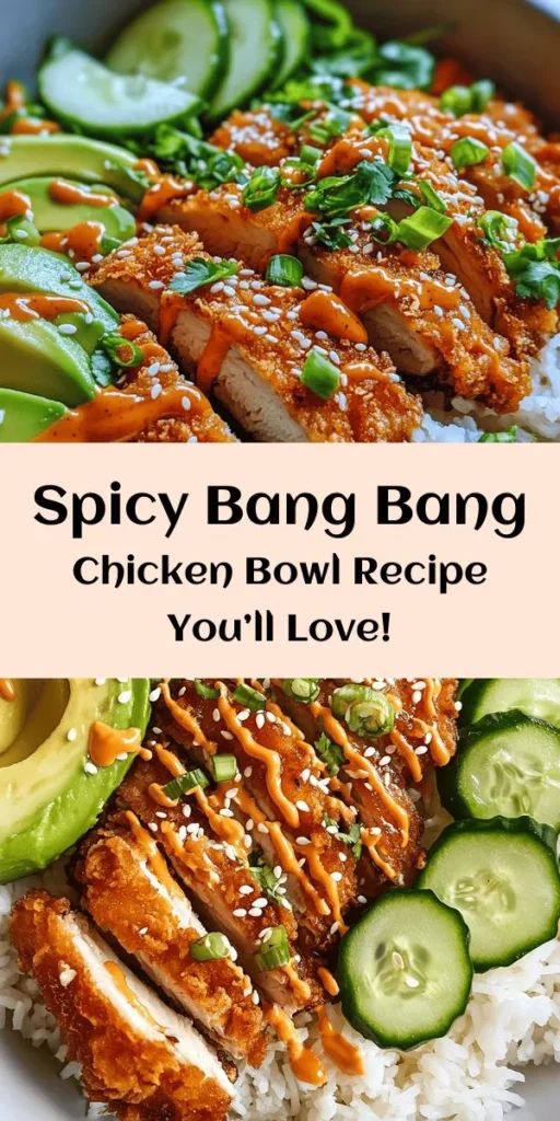 Spice up your meal with this delicious Bang Bang Chicken Bowl! Featuring marinated, crispy chicken thighs served over fluffy jasmine rice, fresh cabbage, crunchy cucumbers, and creamy avocado, this bowl is a feast for your taste buds. Drizzled with a homemade Bang Bang Sauce, it's the perfect balance of flavors and textures. Easy to make and sure to impress, this recipe is great for family dinners or meal prep. Give it a try today!