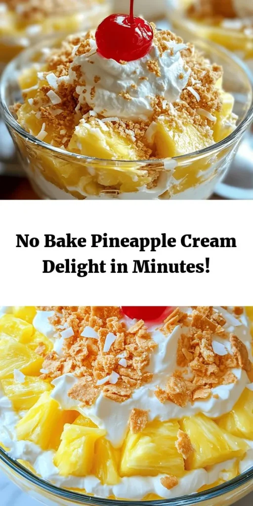 Satisfy your sweet tooth with this Tropical Delight: No Bake Pineapple Cream Dessert! This easy, no-bake recipe layers creamy pineapple goodness with crunchy graham crackers for a refreshing treat. Whip up the cream cheese mixture, fold in juicy pineapple, and create beautiful layers for a stunning dessert. Perfect for summer gatherings or special occasions, don’t forget the maraschino cherry on top! Chill for a few hours, and enjoy!