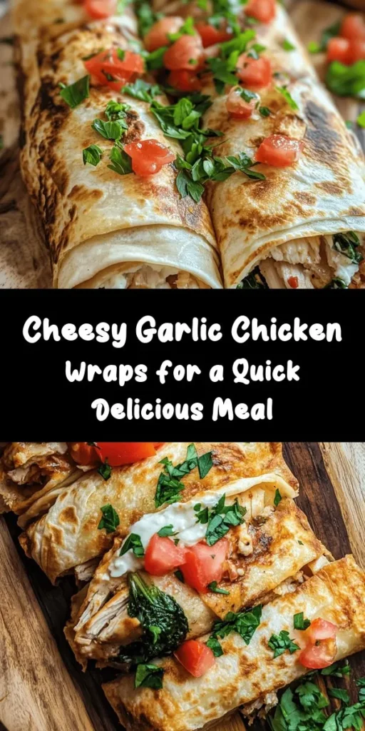 Indulge in these delicious Cheesy Garlic Chicken Wraps for a quick and satisfying meal! Packed with shredded chicken, creamy cheeses, and zesty garlic, these wraps come together in just 30 minutes. Layer fresh spinach, tomatoes, and parsley for added freshness, then grill to golden perfection. Perfect for lunch or dinner, they are easy to customize. Serve them with your favorite dipping sauce and enjoy a cheesy delight that's sure to please!
