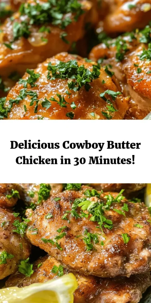 Savor the rich flavors of Cowboy Butter Chicken! This easy recipe features juicy chicken thighs coated in a delicious homemade cowboy butter that's bursting with garlic, lemon, and savory spices. Perfect for a weeknight dinner, it takes just 30 minutes from prep to plate. Serve with lemon wedges for a zesty touch and pair it with rice or veggies for a complete meal. Get ready to impress your family and friends with this mouthwatering dish!