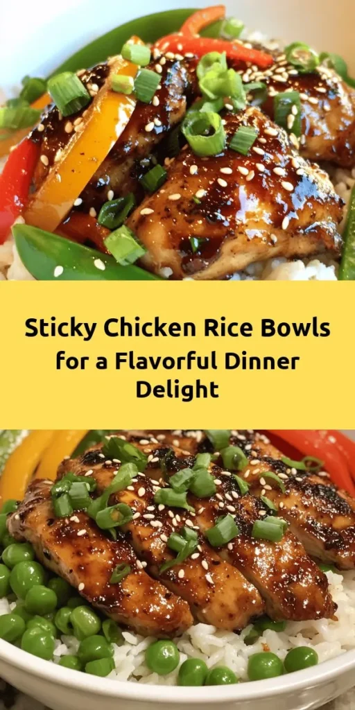 Whip up these delicious Sticky Chicken Rice Bowls for a tasty weeknight dinner! Featuring tender marinated chicken thighs, sweet and savory sauce, and colorful veggies like bell peppers and snap peas, this recipe is a flavorful delight. Served on a bed of fluffy jasmine rice and garnished with green onions and sesame seeds, it’s a quick meal that's sure to impress. Easy to make and ready in just about an hour, your family will love this hearty dish!