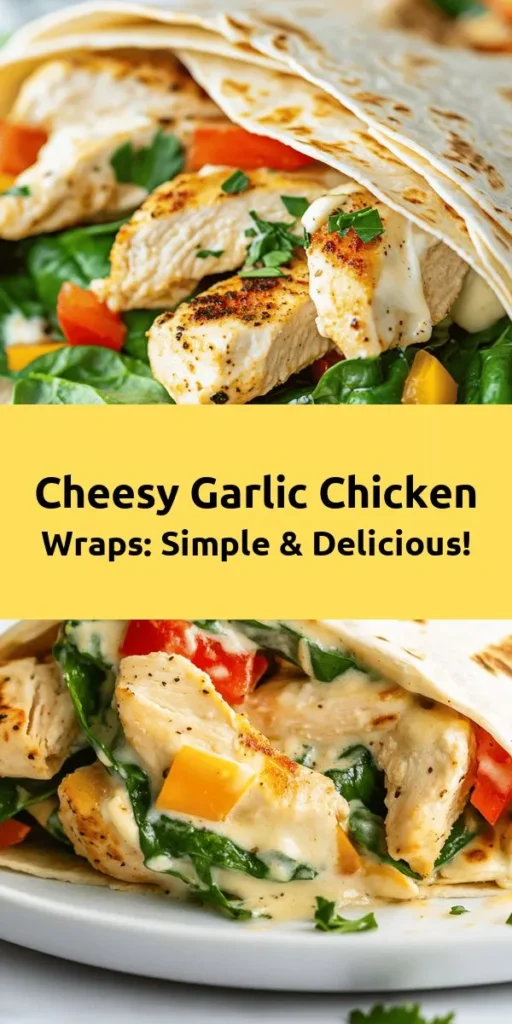 Indulge in these Cheesy Garlic Chicken Wraps that are a perfect blend of flavor and comfort! Packed with tender chicken, gooey cheese, and fresh veggies, these wraps are easy to make and sure to please everyone at the table. With a creamy garlic cheese mixture and the option to toast them for extra crunch, these wraps are not only delicious but also quick to prepare. Perfect for lunch, dinner, or a tasty snack—give them a try today!