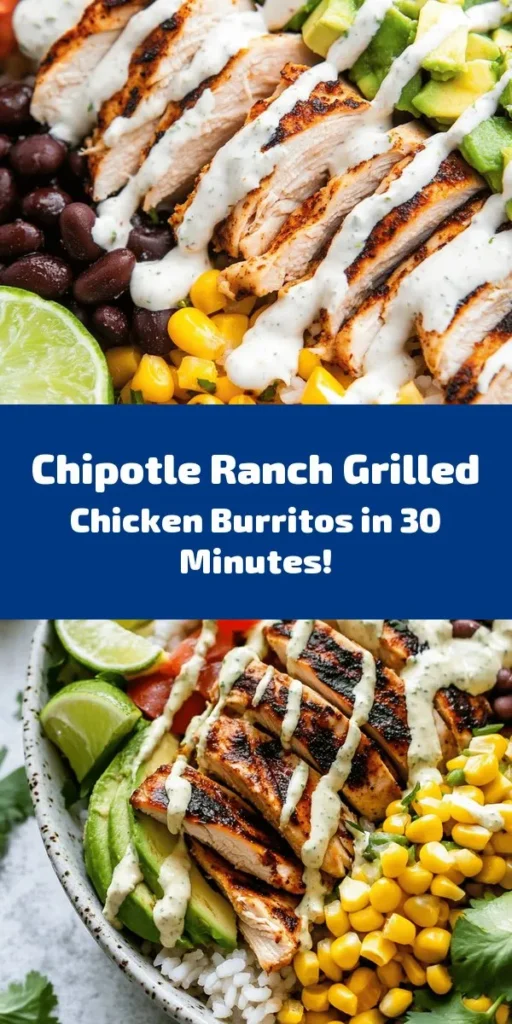 Create a delicious meal with these Easy Chipotle Ranch Grilled Chicken Burritos! Perfect for any night, this recipe features juicy grilled chicken seasoned to perfection and wrapped in warm tortillas with rice, black beans, corn, avocado, and a zesty chipotle ranch dressing. Quick to prepare in just 30 minutes, these burritos are sure to be a hit at the dinner table. Don't forget the lime for added flavor, and enjoy a fresh taste with every bite!