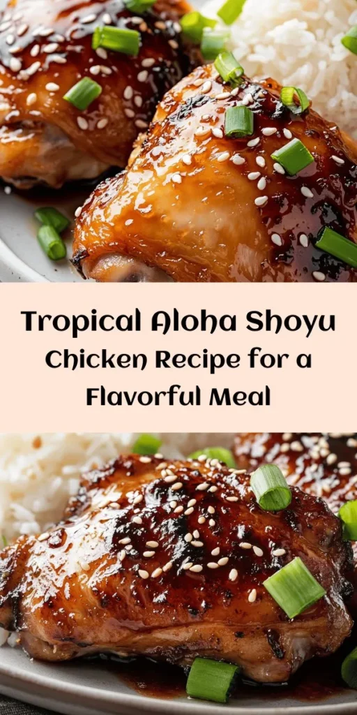 Bring a taste of the tropics to your dinner table with this Aloha Shoyu Chicken recipe! Juicy chicken thighs marinated in a sweet and savory blend of soy sauce, brown sugar, and honey are baked to perfection and glazed with a rich sauce. Perfect for casual weeknight dinners or special gatherings, this dish pairs beautifully with steamed rice and fresh veggies. Get ready for a flavor-packed meal that everyone will love!