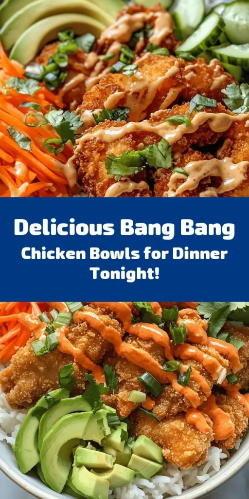 Get ready for a flavor explosion with these Bang Bang Chicken Bowls! This delicious recipe combines crispy, breaded chicken thighs marinated in buttermilk, served over fluffy jasmine rice and topped with fresh veggies like shredded carrots, diced cucumber, and creamy avocado. Drizzle with zesty Bang Bang sauce for the ultimate taste experience. Perfect for a quick lunch or dinner, this dish is as easy to make as it is to enjoy!