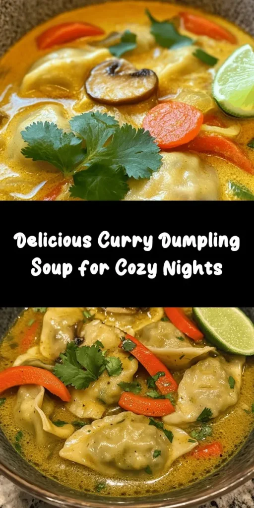 Warm up with a delightful bowl of Best Curry Dumpling Soup! This comforting dish features tender homemade dumplings filled with chicken or tofu, infused with flavorful curry spices. Simmered in a rich coconut milk broth with fresh vegetables, this soup is both hearty and satisfying. Perfect for cozy nights or gatherings, it's easy to make and packed with taste. Garnish with cilantro and a squeeze of lime for an extra burst of flavor! Enjoy a bowlful of warmth today!