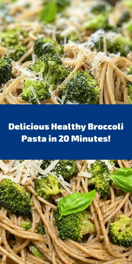 Enjoy a delicious meal with this Easy Healthy Broccoli Pasta that's perfect for quick weeknight dinners! Made with whole wheat pasta, fresh broccoli, and a hint of garlic, this dish is both nutritious and flavorful. Tossed with olive oil, Parmesan cheese, and a splash of lemon juice, it's a simple yet tasty recipe that comes together in just 20 minutes. Ideal for busy families or anyone looking for a healthy option. Don't forget the fresh basil for that extra touch!
