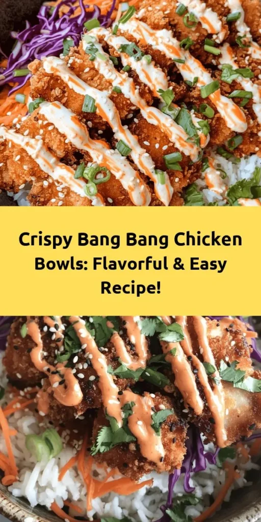 Indulge in these irresistible Bang Bang Chicken Bowls! Crispy baked chicken thighs coated in a flavorful panko and spice mixture are paired with fluffy jasmine rice, vibrant shredded carrots, and crunchy cabbage. Drizzle with a creamy, zesty Bang Bang sauce for a spicy kick. Perfect for weeknight dinners or meal prep, this dish is as delicious as it is colorful. Easy to make and absolutely satisfying, your taste buds will thank you!