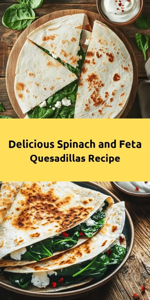 Try these delicious spinach and feta quesadillas for a quick and healthy meal! Packed with fresh spinach, savory feta, and melty mozzarella, these quesadillas are perfect for lunch or dinner. With just a few simple ingredients and less than 20 minutes to make, they’re a breeze to whip up. Serve with a side of sour cream or yogurt for a creamy dip. This recipe is sure to become a family favorite! Enjoy every cheesy bite!