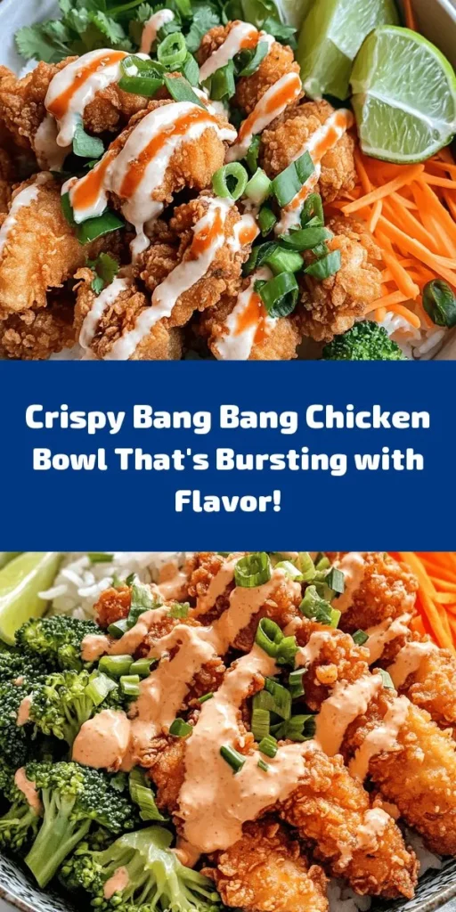 Savor the flavor of this irresistible Bang Bang Chicken Bowl! Featuring crispy fried chicken coated with a zesty Bang Bang sauce, this dish is a delightful mix of textures and tastes. Served over a bed of fragrant rice and topped with vibrant veggies like steamed broccoli and shredded carrots, it’s a wholesome meal that’s easy to make and even easier to enjoy. Perfect for weeknight dinners or meal prep! Don't forget to squeeze fresh lime on top for an extra zing.