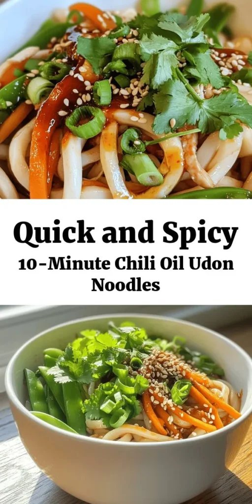 Need a quick and delicious meal? Try these 10-Minute Chili Oil Udon Noodles! This easy recipe features fresh udon noodles tossed with spicy chili oil, soy sauce, and aromatic garlic and ginger. Loaded with colorful veggies like carrots and snap peas, it's not only tasty but also nutritious. Ready in just 10 minutes, this dish is perfect for a weeknight dinner. Top it off with sesame seeds and green onions for a flavorful finish!