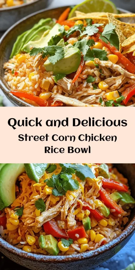 Discover the perfect blend of flavors with this Easy Street Corn Chicken Rice Bowl! It's a quick recipe that brings together tender shredded chicken, sweet corn, and colorful bell peppers over a bed of rice. Seasoned with zesty lime and chili powder, this bowl is topped with fresh cilantro and your choice of delicious extras like avocado or queso fresco. Ideal for a busy weeknight dinner, ready in just 15 minutes. Enjoy!