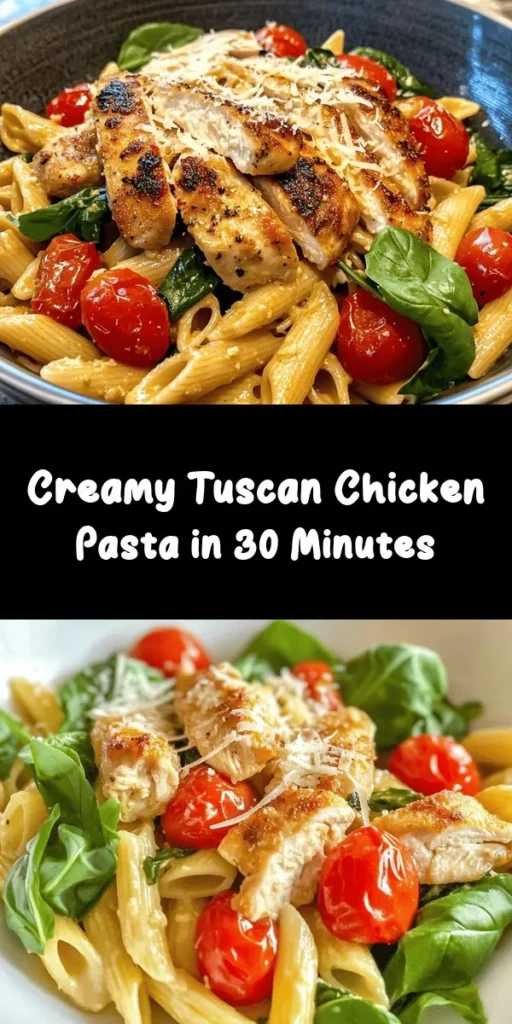 Indulge in the flavors of Italy with this Tuscan Chicken Pasta Delight! This creamy dish combines tender chicken, fresh cherry tomatoes, and vibrant baby spinach, all tossed in a rich Parmesan sauce. It's simple to make in just 30 minutes and perfect for a weeknight dinner or a special occasion. Serve this delicious pasta with fresh basil on top for an extra touch. Enjoy the taste of Tuscany at home! #PastaDish #ItalianCuisine #EasyRecipes