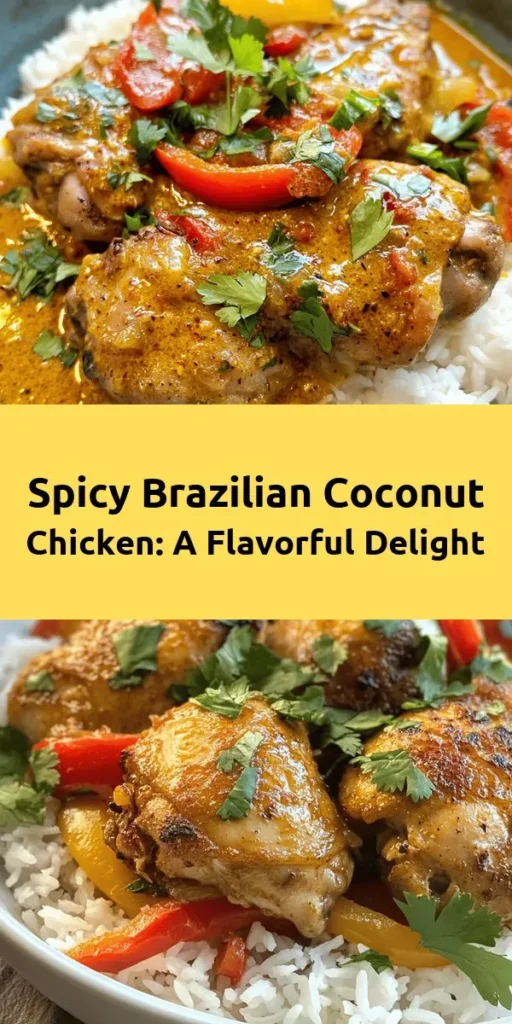 Discover the vibrant flavors of Brazil with this Spicy Brazilian Coconut Chicken recipe! Juicy chicken thighs marinate in rich coconut milk, zesty lime, and a kick of traditional chili paste, then simmer with sweet bell peppers for a comforting dish. Serve it over fluffy white rice and top with fresh cilantro for a delicious dinner that’s both easy and exotic. Perfect for weeknight meals or impressing guests! Enjoy a taste of Brazil tonight!