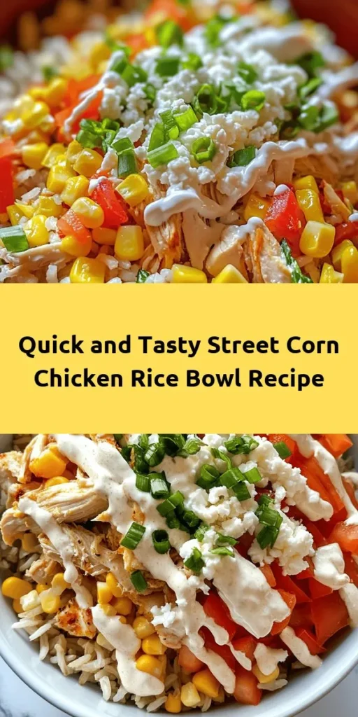 Looking for a quick and delicious meal? Try this Easy Street Corn Chicken Rice Bowl! It's packed with juicy rotisserie chicken, sweet corn, and colorful veggies, all drizzled with a zesty lime dressing. Ready in just 10 minutes, it's perfect for busy weeknights or meal prep. Serve it over your choice of rice and top with crumbled feta for an extra burst of flavor. Enjoy a tasty and satisfying bowl that everyone will love!