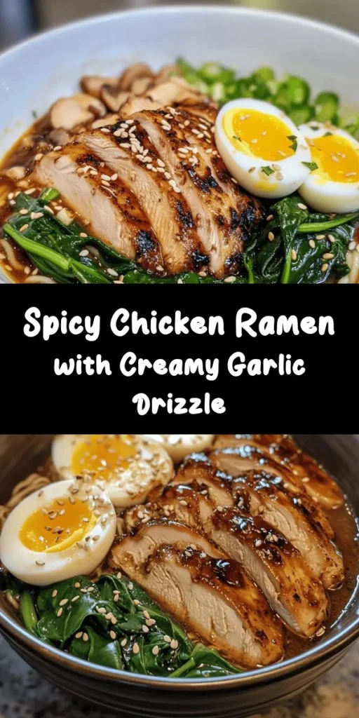 Spice up your dinner with this Fiery Chicken Ramen featuring a luscious creamy garlic sauce! This dish combines juicy marinated chicken thighs, tender ramen noodles, and fresh shiitake mushrooms, all in a flavorful broth. Topped with soft-boiled eggs and a drizzle of homemade garlic sauce, it's a comforting bowl of goodness you can't resist. Perfect for a cozy night in, this recipe takes just 40 minutes. Grab your ingredients and let’s get cooking!