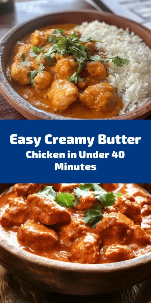 Indulge in a bowl of creamy delight with this quick and easy homemade butter chicken recipe! Perfect for busy weeknights, this dish features tender chicken thighs marinated in aromatic spices and simmered in a rich, creamy tomato sauce. Ready in just 40 minutes, it's a flavorful meal that pairs perfectly with basmati rice or warm naan. Top it off with fresh cilantro for a burst of freshness. Get ready to impress your family with this delicious dish!