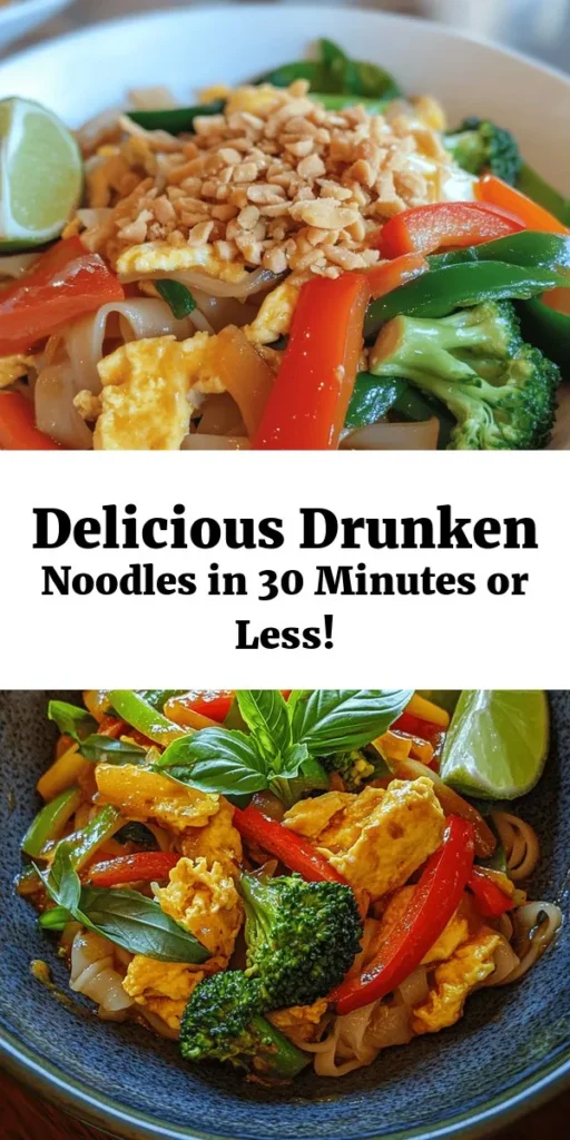 Indulge in the vibrant flavors of Drunken Noodles Delight! This quick and easy recipe is perfect for a satisfying meal packed with flat rice noodles, fresh vegetables, and aromatic Thai basil. With a savory sauce that combines soy, oyster, and fish sauce, every bite is a taste sensation. Top it off with a squeeze of lime for a refreshing kick. Ready in just 30 minutes and perfect for weeknight dinners, this dish is sure to be a family favorite!🍜🍹