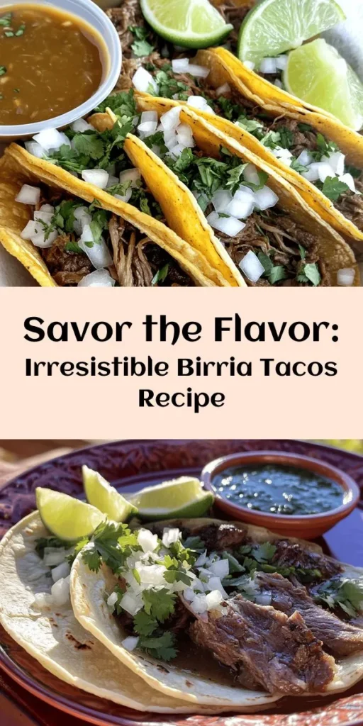 Savor the bold flavors of these delicious Birria Tacos! Made with tender beef chuck roast slow-cooked in a rich blend of spices and peppers, they're perfect for taco night. Simply shred the beef, load it into warm corn tortillas, and garnish with fresh cilantro and onion. Don’t forget the lime wedges for a zesty finish! This easy-to-follow recipe ensures a mouthwatering experience your family and friends will love. Enjoy every bite!