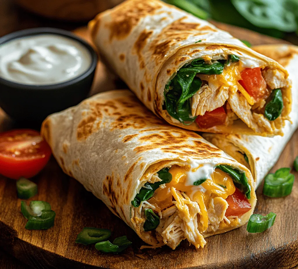 In today’s fast-paced world, finding quick yet delicious meal options can be a challenge for busy individuals and families. For those who want to enjoy a satisfying dish without spending hours in the kitchen, <strong>Easy Cheesy Chicken Wraps</strong> present the perfect solution. These wraps are not only quick and easy to prepare but also boast a delightful combination of flavors that appeal to both adults and children alike.” /></p>
</p>
<h3>Layering Fresh Ingredients</h3>
</p>
<p>To achieve the ideal flavor balance in your Easy Cheesy Chicken Wraps, the order in which you layer your fresh ingredients is essential. Start with a generous handful of fresh spinach as the base. This leafy green not only adds a nutritious crunch but also provides a subtle earthiness that complements the chicken and cheese.</p>
</p>
<p>Next, slice ripe tomatoes into thin rounds or wedges and place them directly on top of the spinach. The juicy tomatoes contribute a refreshing brightness to the wrap, counteracting the richness of the cheese. For an extra layer of flavor, sprinkle chopped green onions over the tomatoes. Their mild onion flavor will enhance the overall taste without overpowering the other ingredients.</p>
</p>
<p>By following this order—spinach, tomatoes, and green onions—you ensure that each bite of your wrap is harmonious, providing a delightful mix of textures and flavors.</p>
</p>
<h3>Rolling Technique</h3>
</p>
<p>Rolling your wraps properly is crucial for ensuring they stay intact and deliver all the deliciousness in every bite. Start with your layered ingredients in the center of the tortilla, leaving about an inch of space on the top and bottom. To begin the rolling process, fold the bottom of the tortilla up over the ingredients, tucking it slightly as you go.</p>
</p>
<p>Next, fold in the sides of the tortilla towards the center. This step is vital for creating a secure wrap that prevents any fillings from spilling out. After tucking in the sides, continue rolling the wrap away from you until you reach the top edge of the tortilla. Use a little pressure to keep the wrap tight, but be careful not to squeeze too hard, as this could cause the fillings to burst out.</p>
</p>
<p>Once rolled, you can slice the wrap in half diagonally for a beautiful presentation, showcasing the vibrant colors of the ingredients inside.</p>
</p>
<h3>Grilling Process</h3>
</p>
<p>Grilling your wraps not only adds a lovely smoky flavor but also enhances their texture, creating a crispy exterior that contrasts beautifully with the creamy inside. Begin by preheating your grill or a grill pan over medium heat. It’s important to maintain consistent temperature control to prevent burning while ensuring the cheese melts perfectly.</p>
</p>
<p>Place the wrapped tortillas seam-side down on the grill. Grill them for about 3-4 minutes on each side or until they develop a golden-brown crust. Keep an eye on them to avoid overcooking; the goal is to achieve that perfect balance between a crispy outside and a warm, gooey inside.</p>
</p>
<p>If you’re grilling multiple wraps, consider doing them in batches, allowing you to focus on each one without overcrowding the grill. For an extra touch of flavor, you can brush a little olive oil or melted butter on the outside of the tortillas before grilling, giving them an even more appealing golden hue.</p>
</p>
<h3>Serving Suggestions</h3>
</p>
<p>Once your Easy Cheesy Chicken Wraps are perfectly grilled, it’s time to think about how to serve them for maximum enjoyment.</p>
</p>
<h4>Accompaniments</h4>
</p>
<p>Dipping sauces can elevate your wraps from delicious to extraordinary. Consider offering extra ranch dressing, which provides a cool, creamy complement to the savory wraps. Alternatively, homemade or store-bought salsa can add a zesty kick that pairs wonderfully with the chicken and cheese. Other great options include guacamole or a spicy chipotle sauce for those who crave a little heat.</p>
</p>
<h4>Side Dishes</h4>
</p>
<p>To create a balanced meal, consider pairing your wraps with light side options. A fresh garden salad with a tangy vinaigrette can add a refreshing contrast to the warm, cheesy wraps. Vegetable sticks, such as carrots, cucumbers, and bell peppers, served with hummus or a yogurt dip, can provide a crunchy, nutritious side that enhances the overall meal experience.</p>
</p>
<h3>Nutritional Information</h3>
</p>
<p>For health-conscious readers, understanding the nutritional content of the Easy Cheesy Chicken Wraps is essential. Here’s a breakdown of the approximate nutritional information per wrap (based on standard ingredients used):</p>
</p>
<p>– <strong>Calories</strong>: 450</p>
<p>– <strong>Protein</strong>: 30g</p>
<p>– <strong>Fats</strong>: 20g</p>
<p>– <strong>Carbohydrates</strong>: 40g</p>
<p>– <strong>Fiber</strong>: 5g</p>
<p>– <strong>Sugars</strong>: 3g</p>
</p>
<p>This makes the wraps a satisfying option that can help fuel your busy day while still being mindful of your nutritional intake. Adjustments to ingredients can further tailor the wraps to fit specific dietary needs.</p>
</p>
<h3>Customizing Your Wraps</h3>
</p>
<p>One of the best features of Easy Cheesy Chicken Wraps is their versatility. Feel free to experiment with various ingredients to suit your palate and dietary preferences.</p>
</p>
<h4>Protein Options</h4>
</p>
<p>While chicken is a classic choice, consider using turkey, beef, or even plant-based proteins like tofu or tempeh for different flavor profiles and textures. Each protein can bring its unique taste and nutrition to the wrap, making it a great way to mix up your weeknight meals.</p>
</p>
<h4>Vegetable Add-Ins</h4>
</p>
<p>Don’t hesitate to add more vegetables to your wraps! Bell peppers (sliced or diced), cucumbers, or avocado can enhance both the flavor and nutritional value of your dish. Avocado, in particular, adds creaminess and healthy fats, making your wraps even more satisfying.</p>
</p>
<h4>Cheese Variations</h4>
</p>
<p>While cheddar cheese is delicious, don’t limit yourself! Try mozzarella for a milder flavor, pepper jack for a bit of spice, or even feta for a tangy twist. Each cheese can change the overall taste experience of your wraps, allowing for endless culinary creativity.</p>
</p>
<h3>Storing and Reheating Tips</h3>
</p>
<p>If you find yourself with leftover wraps, it’s important to store them correctly to maintain their quality. Place any uneaten wraps in an airtight container and refrigerate them. They can be safely stored for up to 2 days.</p>
</p>
<p>When you’re ready to enjoy them again, the best way to reheat is by placing them in a preheated oven at 350°F (175°C) for about 10-15 minutes. This method allows the tortilla to crisp back up while warming the fillings through. Alternatively, you can use a skillet on medium heat for a few minutes on each side. Avoid microwaving, as this can lead to a soggy texture.</p>
</p>
<h3>Conclusion</h3>
</p>
<p>The Easy Cheesy Chicken Wraps are a fantastic choice for those looking for a quick, delicious, and adaptable meal option. With their combination of tender chicken, melty cheese, and fresh vegetables, these wraps are sure to please anyone at the dinner table.</p>
</p>
<p>Whether you’re preparing a weeknight dinner or packing a lunch for work or school, these wraps can easily fit into your busy lifestyle without sacrificing taste or nutrition. Remember, the true beauty of this recipe lies in its flexibility—feel free to customize it to suit your preferences, and don’t hesitate to experiment with different ingredients.</p>
</p>
<p>Try making these Easy Cheesy Chicken Wraps at home, and discover how simple and satisfying a delicious meal can be.</p>
<div id=