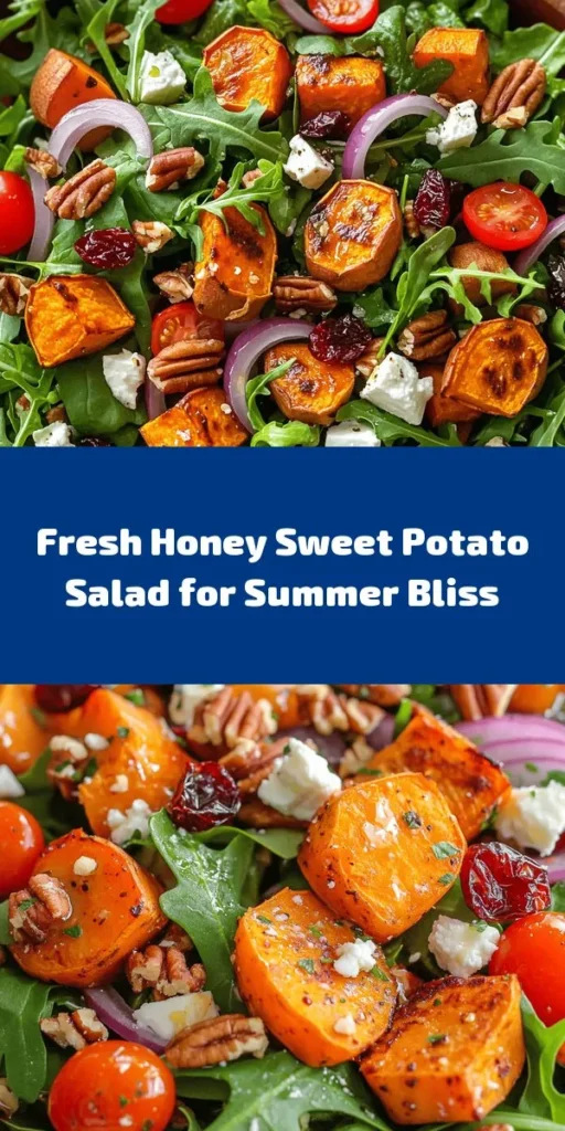 Brighten up your summer meals with this delicious Honey Sweet Potato Summer Salad! Packed with roasted sweet potatoes, mixed greens, cherry tomatoes, and a delightful honey vinaigrette, this salad is as nutritious as it is tasty. Topped with crumbled feta, toasted nuts, and dried cranberries, it offers a perfect balance of flavors and textures. Ideal for a light lunch or a refreshing side dish at your next BBQ. Simple to make and full of vibrant ingredients!