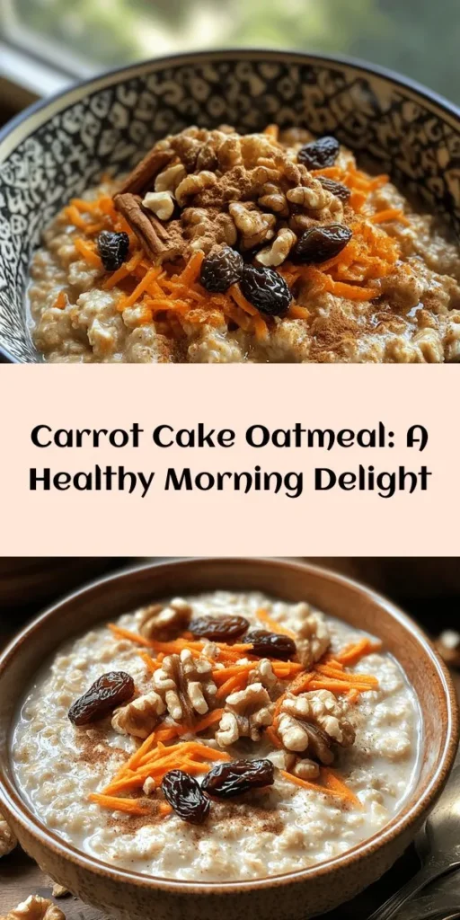 Indulge in a warm bowl of Carrot Cake Oatmeal Delight, a nutritious breakfast that’s as delightful as it sounds! Made with rolled oats, creamy almond milk, and sweet grated carrots, this comforting dish is boosted with bananas, raisins, and a dash of spices. Topped with walnuts and a drizzle of maple syrup, it’s a perfect way to start your day. Quick to prepare in just 15 minutes, this oatmeal is a delicious twist on traditional carrot cake!