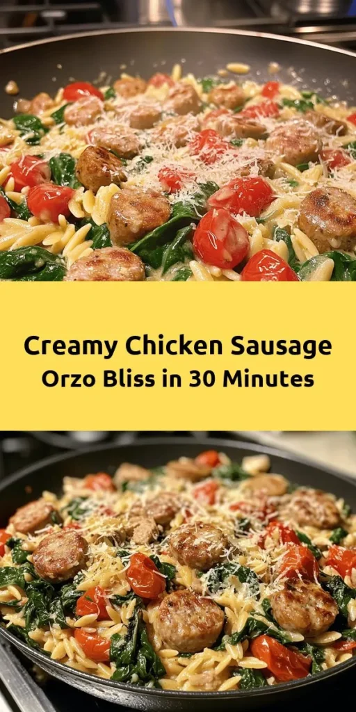 Indulge in this creamy chicken sausage orzo dish that's sure to impress! Perfect for a quick weeknight dinner, this recipe features sliced chicken sausage, tender orzo pasta, and vibrant vegetables like fresh spinach and cherry tomatoes, all enveloped in a velvety cream sauce. Ready in just 30 minutes, it's seasoned to perfection with garlic and oregano, then finished with Parmesan cheese. Garnish with basil for a delightful touch. Your family will love this comforting meal!