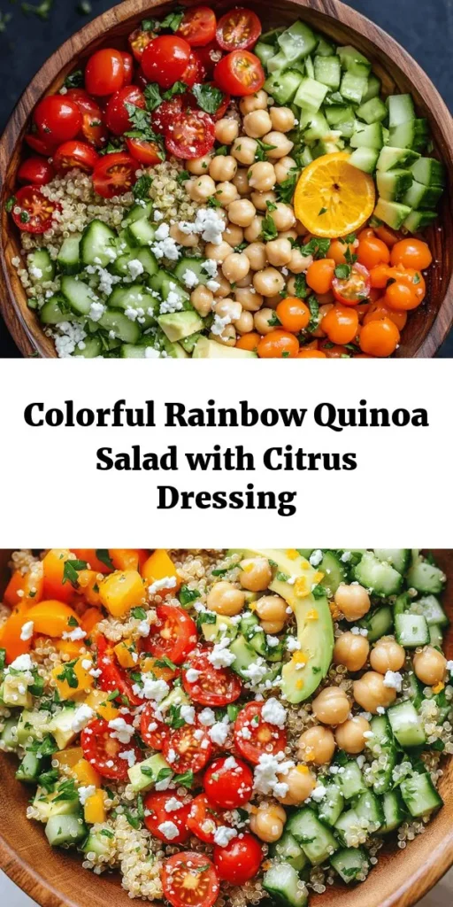 Brighten up your meal with this delicious Rainbow Quinoa Salad! Packed with colorful veggies like cherry tomatoes, cucumber, and bell peppers, plus protein-rich chickpeas and creamy avocado, it’s as nutritious as it is beautiful. Drizzled with a zesty citrus dressing, this salad is perfect for lunch or as a side dish. Quick to prepare in just 45 minutes, it’s great for meal prep, too! Enjoy fresh or chilled for a burst of flavor!